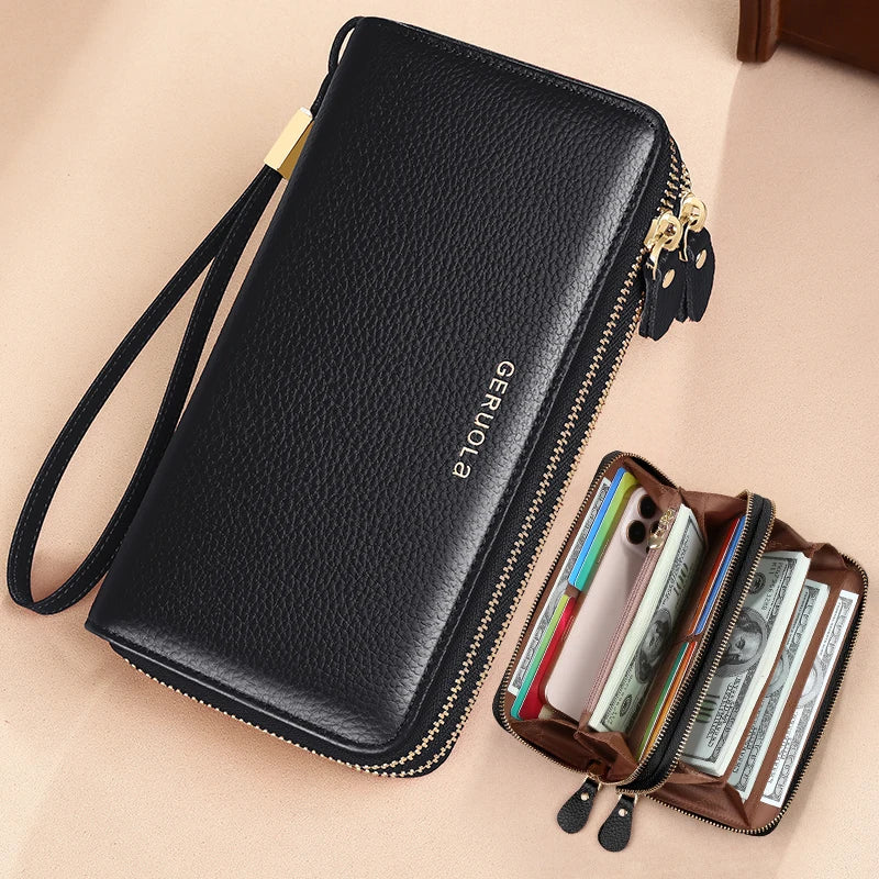 GERUOLA Genuine Leather Wallet with Wrist Strap - Anti-Theft RFID Blocking, Zippered Coin Pocket, Credit Card Slots & ID Holder