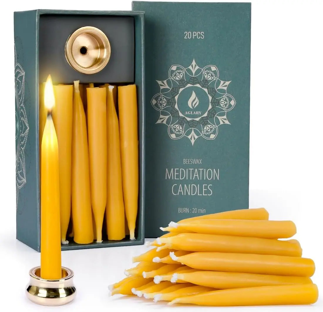 20-Minute Dripless Beeswax Candles, Set of 20 with Brass Holders for Meditation and Relaxation