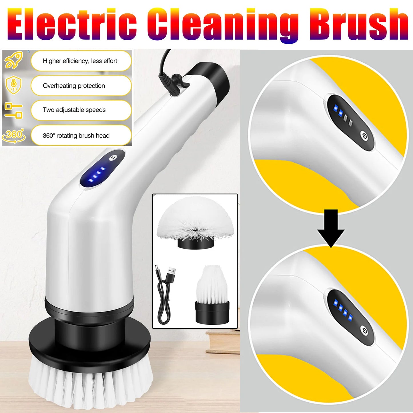 DayPlus 3-IN-1 Electric Cleaning Brush Multi-functional USB Rechargeable Electric Rotary Scrubber Home Appliance Cleaning Gadget