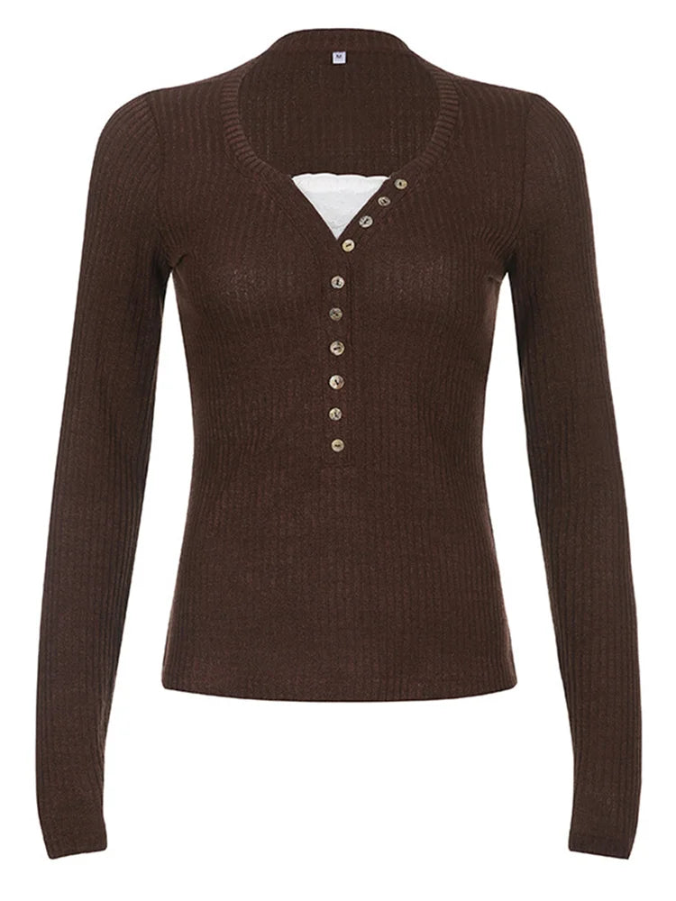 Women Button Front Knit Tops Long Sleeve Lace Patchwork Slim Fit Sweater Fall Fairy Grunge Gothic Y2K Clothes