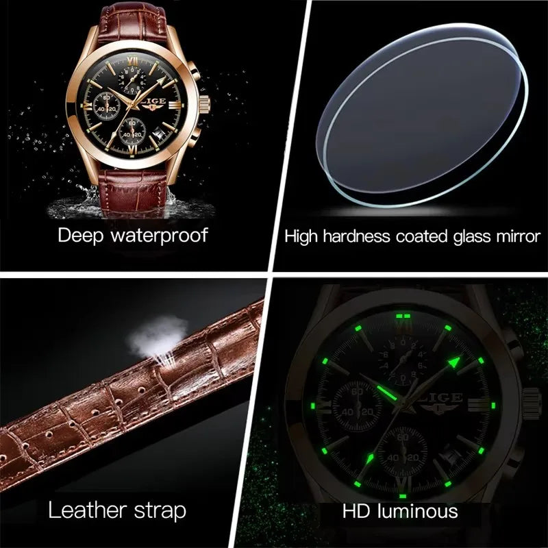 LIGE Fashion Mens Watches Top Brand Luxury Military Quartz Watch Premium Leather Waterproof Sport Chronograph Watch for Man+Box