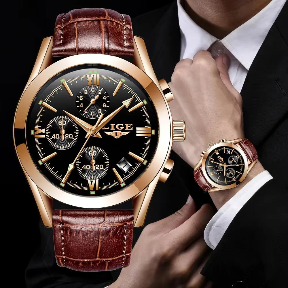 LIGE Fashion Mens Watches Top Brand Luxury Military Quartz Watch Premium Leather Waterproof Sport Chronograph Watch for Man+Box