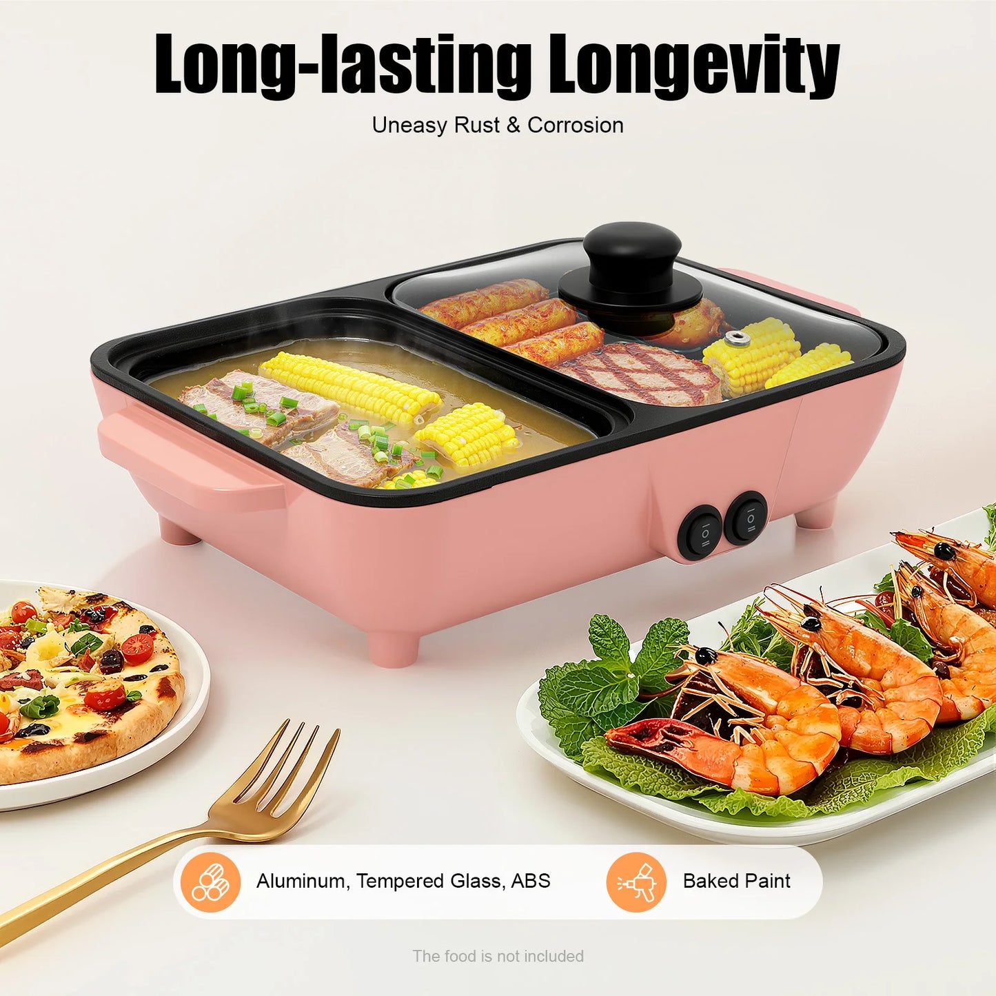 2-in-1 Electric Hot Pot with Griddle Tabletop Non-stick Pan Vegetable Grill Cooker BBQ Shabu Pot Household Noodles Cooking Pot