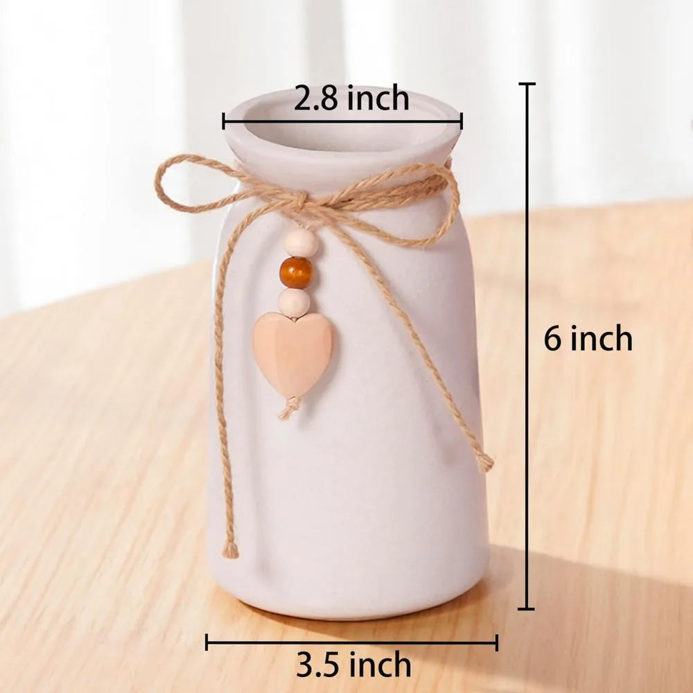 6" White Ceramic Vase with Jute Rope & Heart Charm – Boho Farmhouse Decor Flower Vase