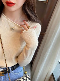 2025 Women Pullovers Knit Soft Sweaters Ruched Autumn Winter Tops O-Neck Ribbed Long Sleeve Korean Slim Female Sweater