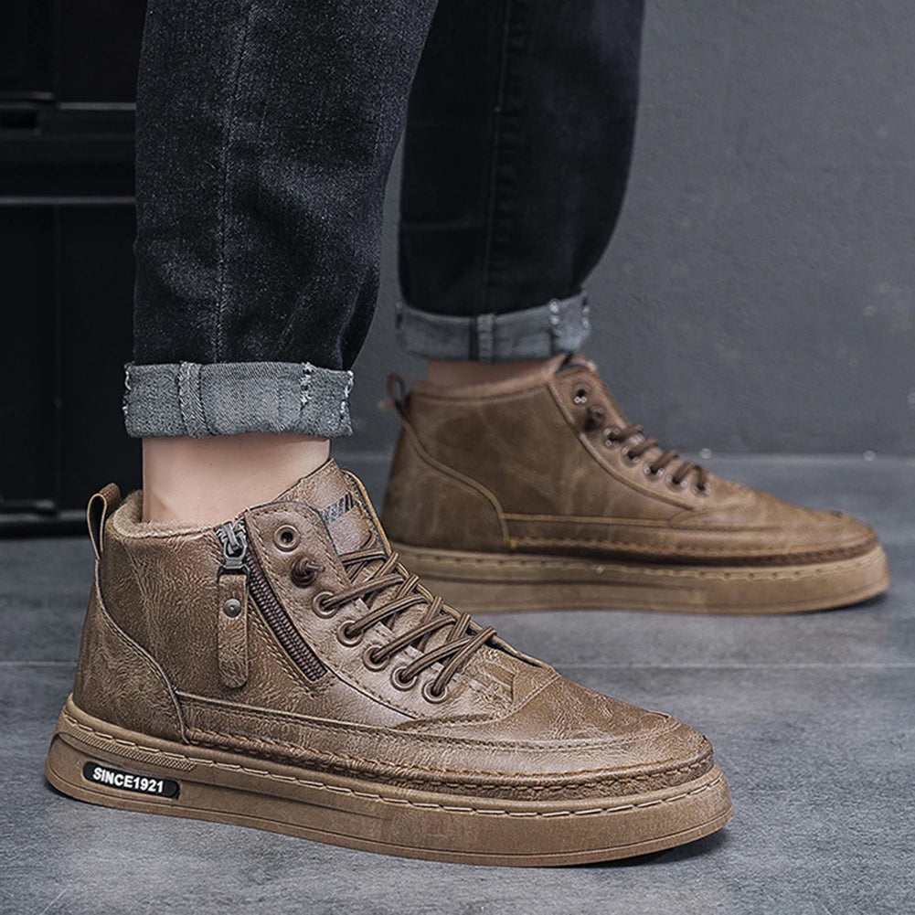 PU Leather Warm Plush Shoes Waterproof Short Snow Boots Lightweight Boots Comfortable Mens Thickened for Outdoor Travel
