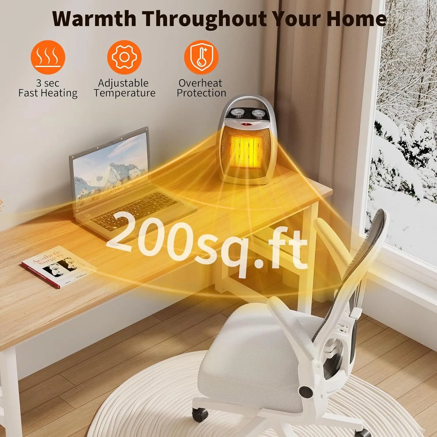 Portable Ceramic Heater & Fan 1500W/750W Thermostat Safe Quiet Heating&Cooling for Rooms up to 200Sq Ft for Office Desk Bedroom