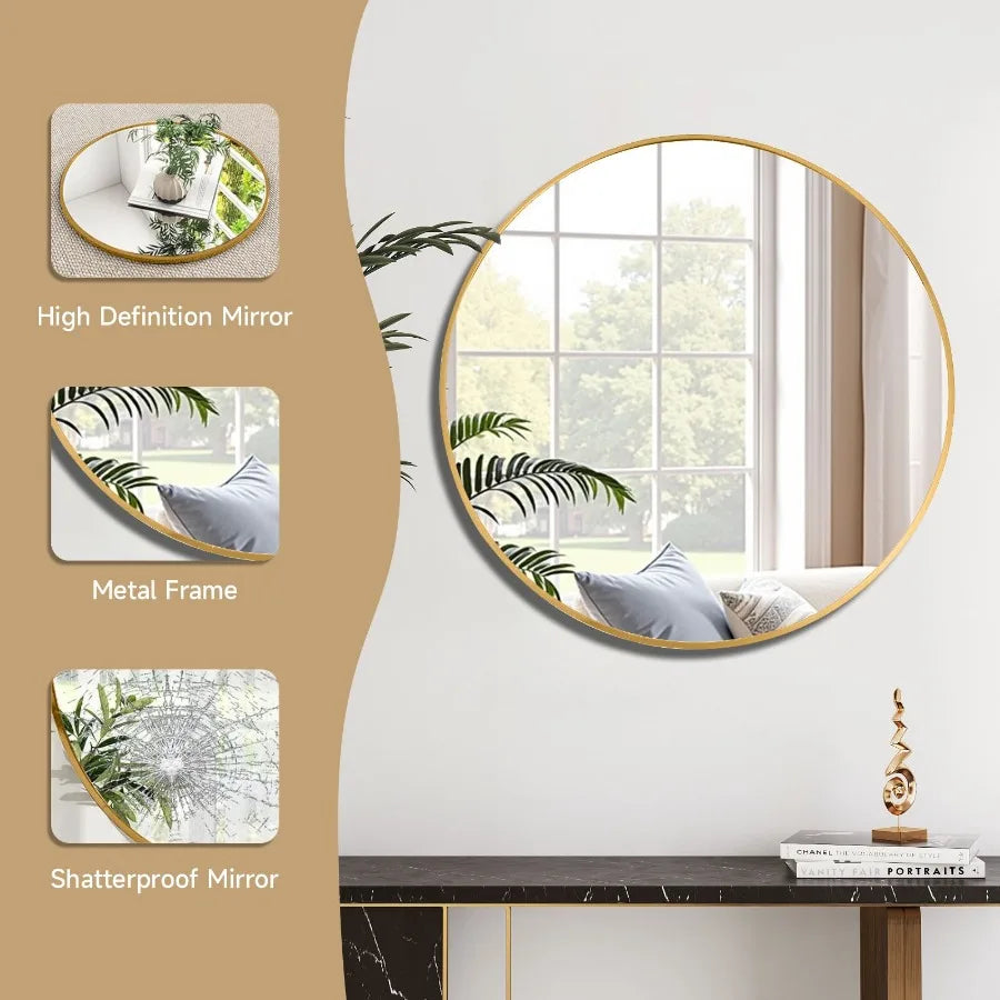 Round Mirror 24 inch Circle Wall Mirror Metal Frame Circle Bathroom Mirror Circular Mirrors for Wall Living Room Bedroom Vanity