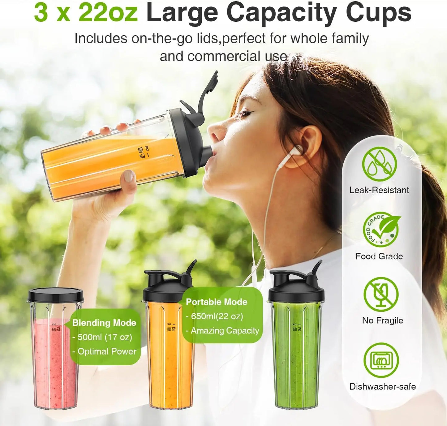 Personal Blender with 3 To-Go Cups, 22000 RPM for Smoothies and Shakes, Detachable Blade, Portable Kitchen Appliance in Black