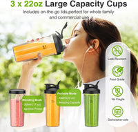 Personal Blender with 3 To-Go Cups, 22000 RPM for Smoothies and Shakes, Detachable Blade, Portable Kitchen Appliance in Black