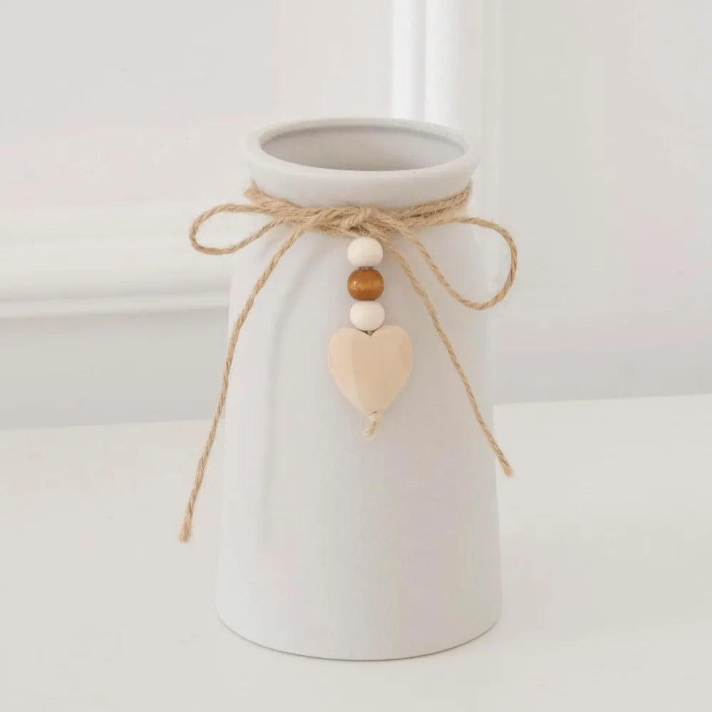 6" White Ceramic Vase with Jute Rope & Heart Charm – Boho Farmhouse Decor Flower Vase