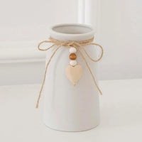 6" White Ceramic Vase with Jute Rope & Heart Charm – Boho Farmhouse Decor Flower Vase