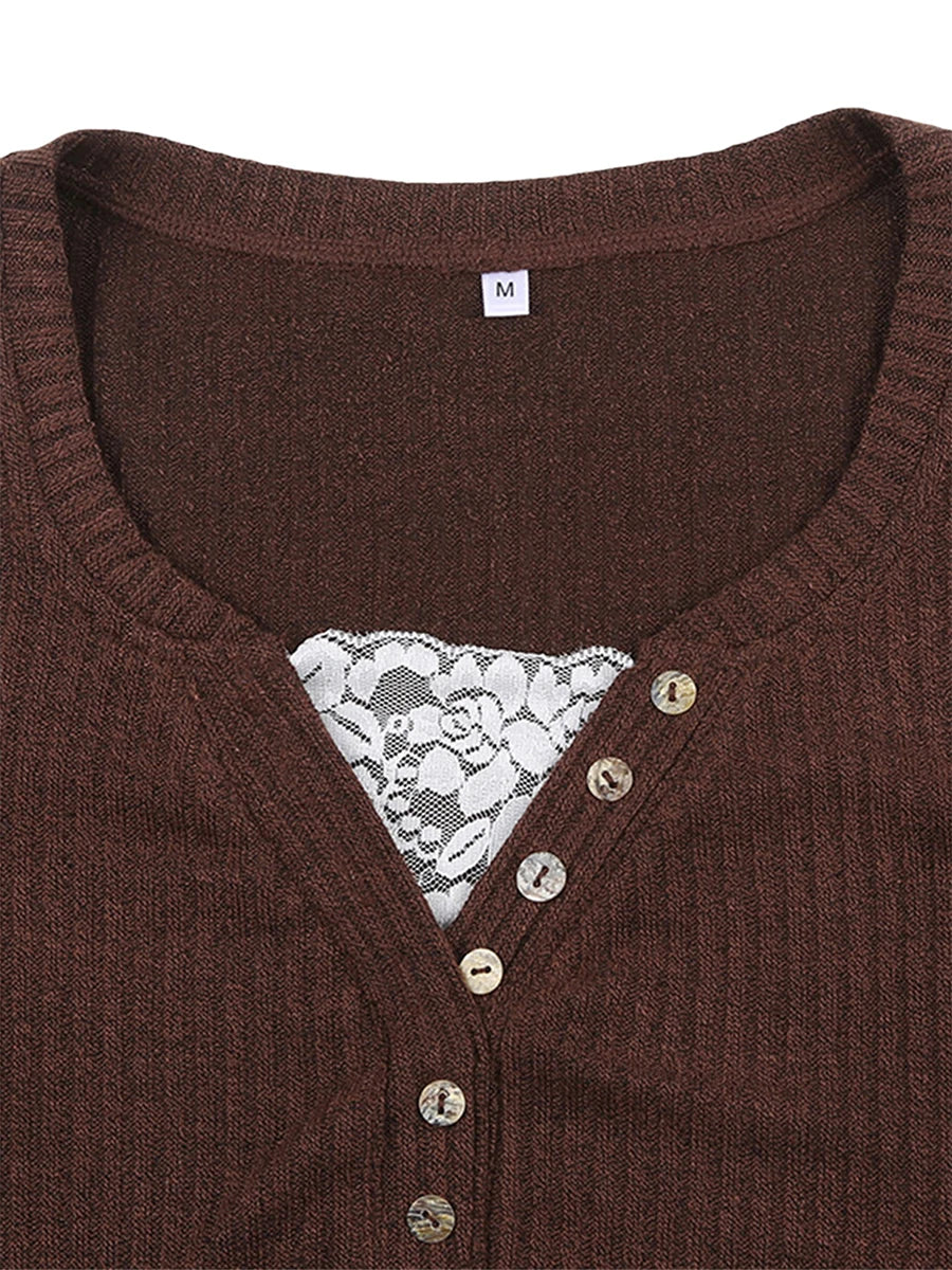 Women Button Front Knit Tops Long Sleeve Lace Patchwork Slim Fit Sweater Fall Fairy Grunge Gothic Y2K Clothes