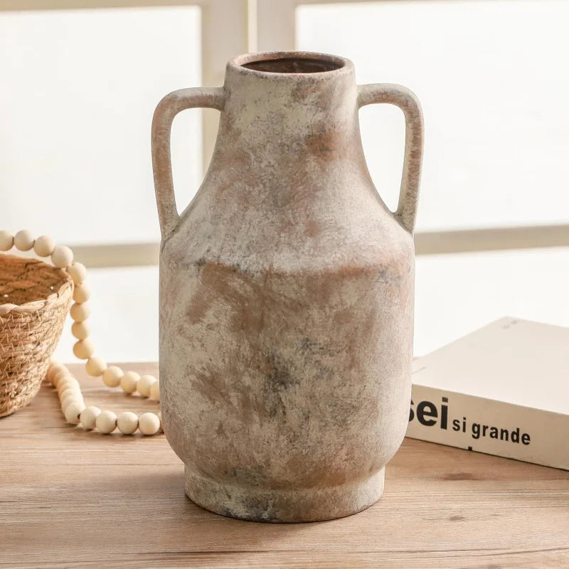 11 Inch Large Ceramic Terracotta Vase with Handles Farmhouse Rustic Style for Home Living Room Table Centerpiece Decor