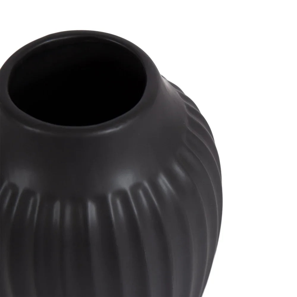 Ribbed Matte Black Ceramic Curved Vase Tabletop Decorative Flower Arrangements Elegant Home Decor Gift Idea Indoor Use