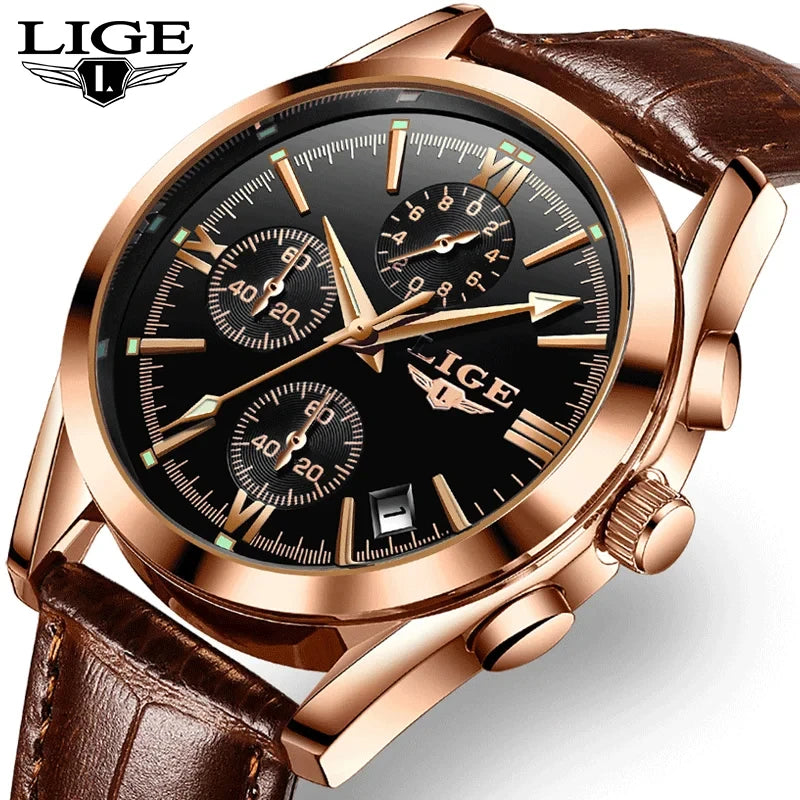 LIGE Fashion Mens Watches Top Brand Luxury Military Quartz Watch Premium Leather Waterproof Sport Chronograph Watch for Man+Box