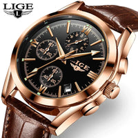 LIGE Fashion Mens Watches Top Brand Luxury Military Quartz Watch Premium Leather Waterproof Sport Chronograph Watch for Man+Box