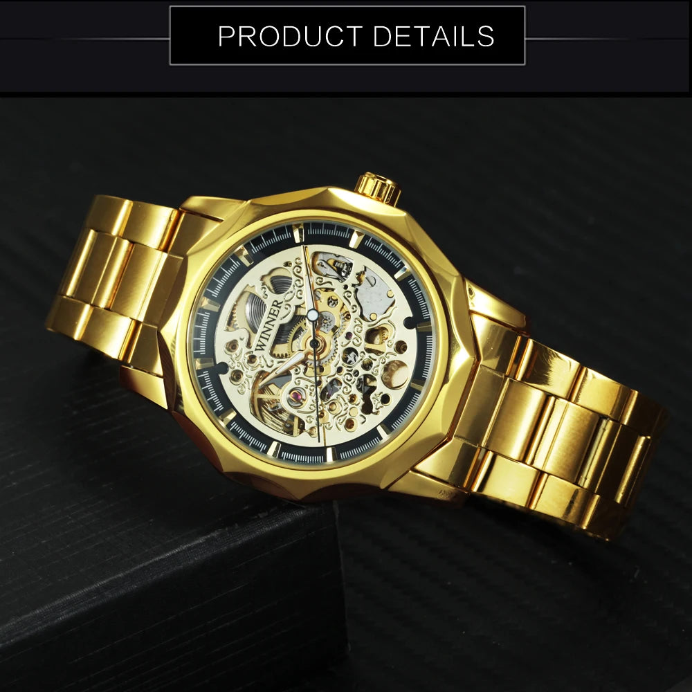 Business Luxury Skeleton Automatic Mechanical Watch for Men Luminous Hands Stainless Steel Strap Fashion Mens Watches WINNER New