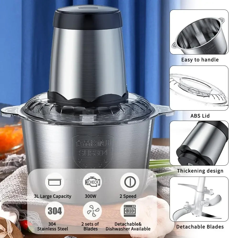 110V Stainless Steel Food Chopper 2L Capacity Fully Automatic Meat Grinder Kitchen Utensils Appliance Adjustable Food Processor