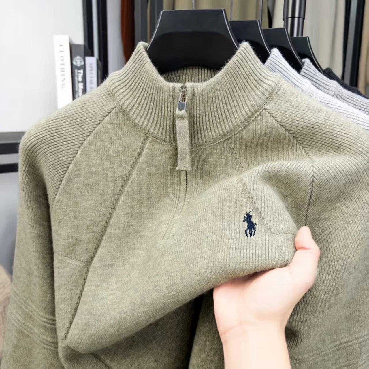 Luxury High-end Embroidery Half Zip Men's High Neck Sweater Fried Dough Twists Pattern Wool Knitting Men's Casual Wear