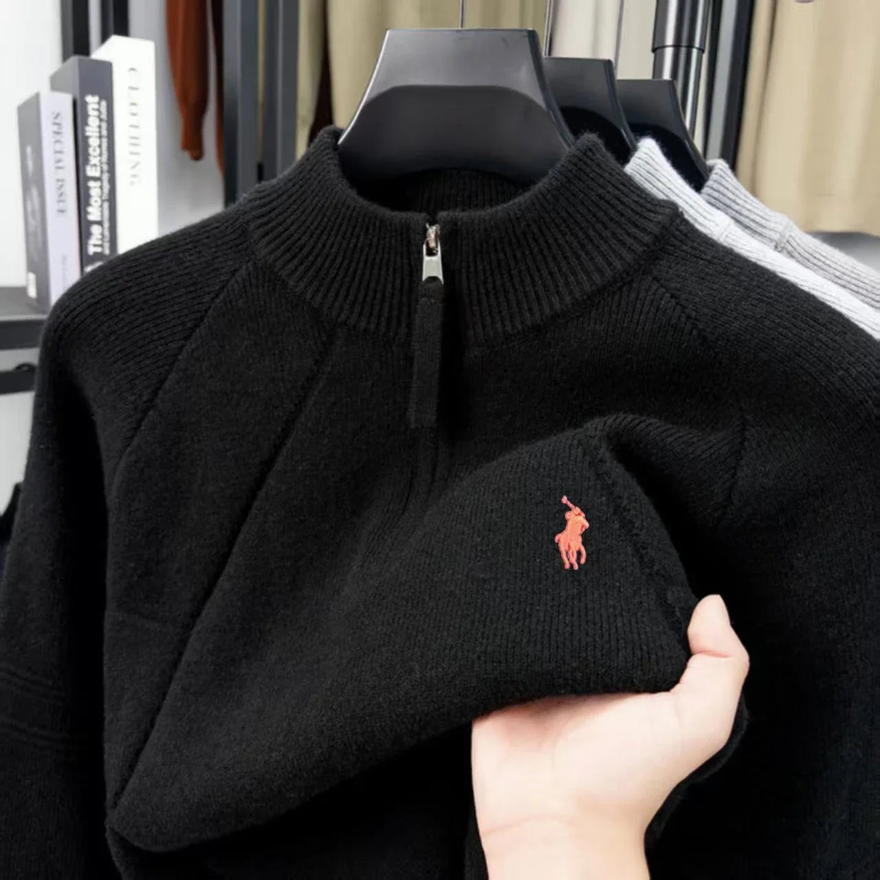 Luxury High-end Embroidery Half Zip Men's High Neck Sweater Fried Dough Twists Pattern Wool Knitting Men's Casual Wear