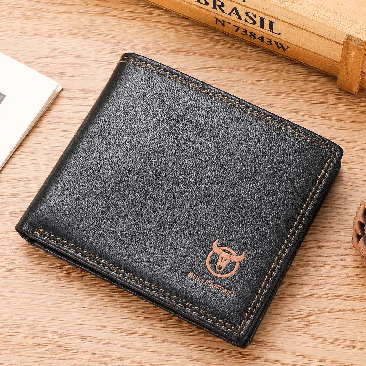 BULLCAPTAN Genuine Leather Men's Wallet RFID Function Fashion Men's Card Clip Wallet Latest Gift Box Men's Business Wallet QB032