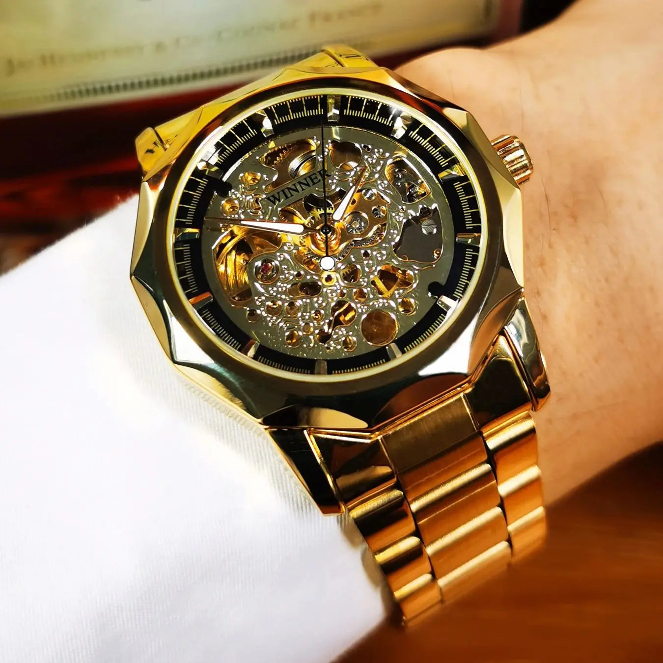 Business Luxury Skeleton Automatic Mechanical Watch for Men Luminous Hands Stainless Steel Strap Fashion Mens Watches WINNER New