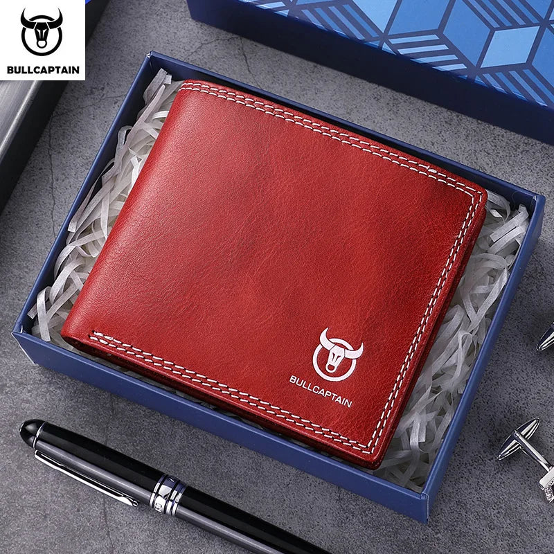 BULLCAPTAN Genuine Leather Men's Wallet RFID Function Fashion Men's Card Clip Wallet Latest Gift Box Men's Business Wallet QB032