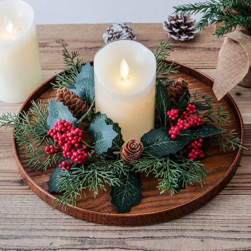 European Candlestick Wreath Artificial Plant Cherry Pinecone Garland Candle Holder Christmas Decoration Table Wedding Home Decor