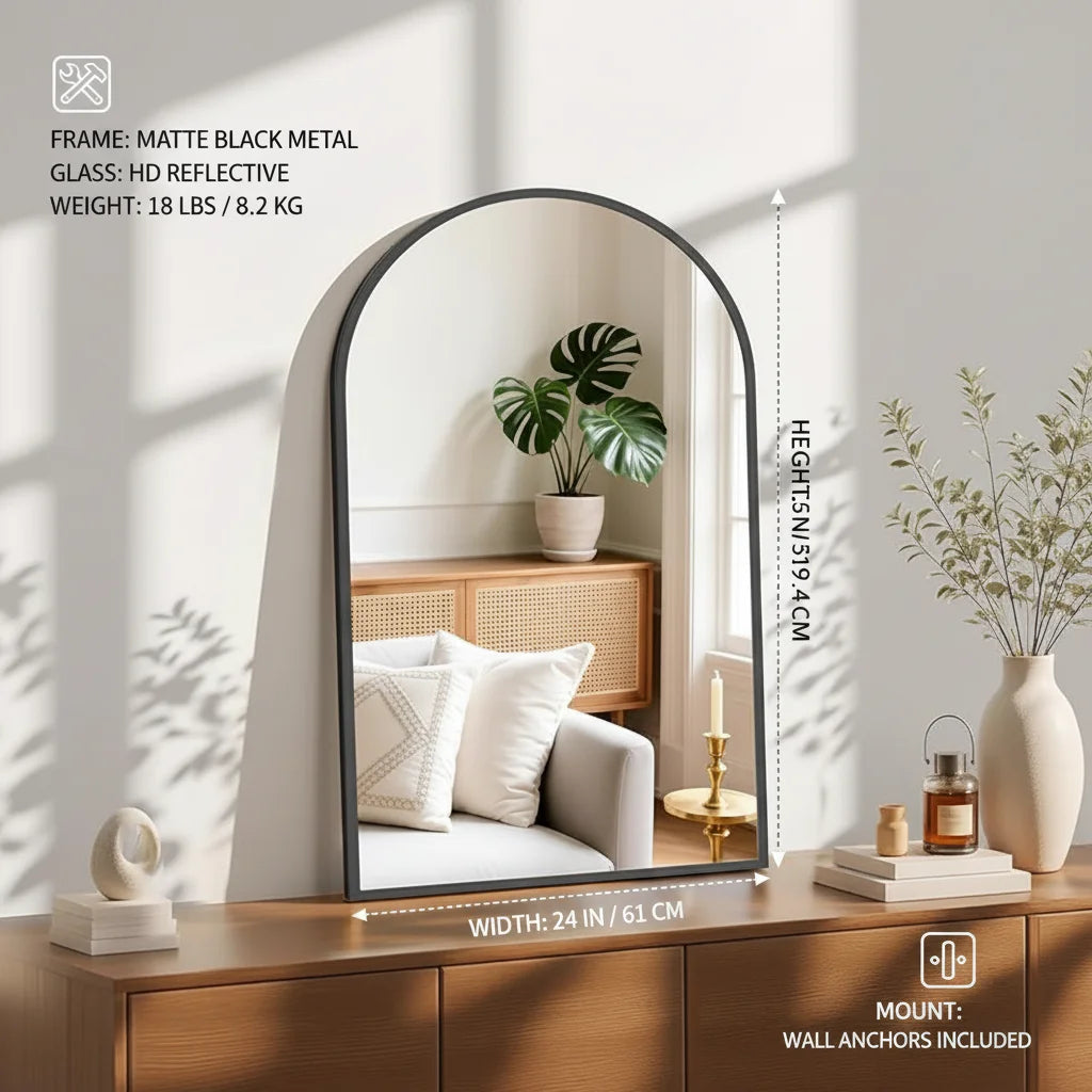 20x30 Arched Black Wall Mirror, Elegant Decor for Bathroom Entryway or Living Room Everyday Use