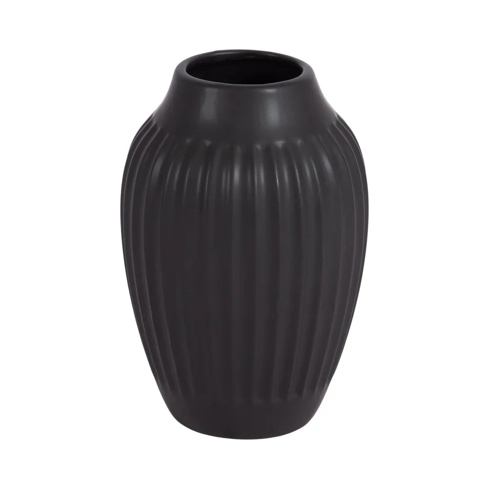 Ribbed Matte Black Ceramic Curved Vase Tabletop Decorative Flower Arrangements Elegant Home Decor Gift Idea Indoor Use