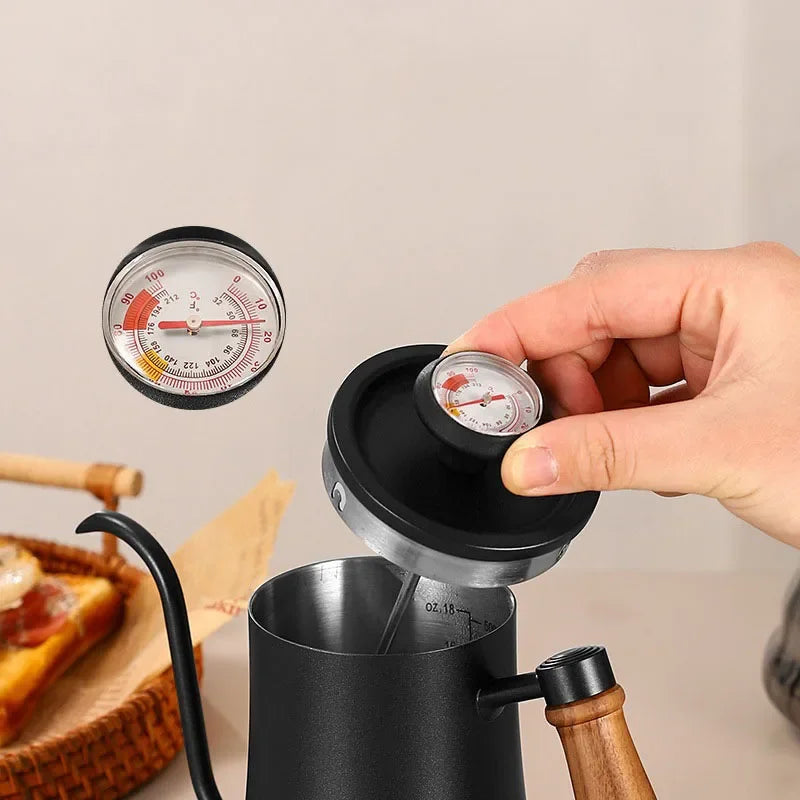 Portable Stainless Drip Jug Coffee Kettle With Thermometer 500 ML Goose Neck Kettle Camping Coffee Pot Wooden Handle Tea Pot