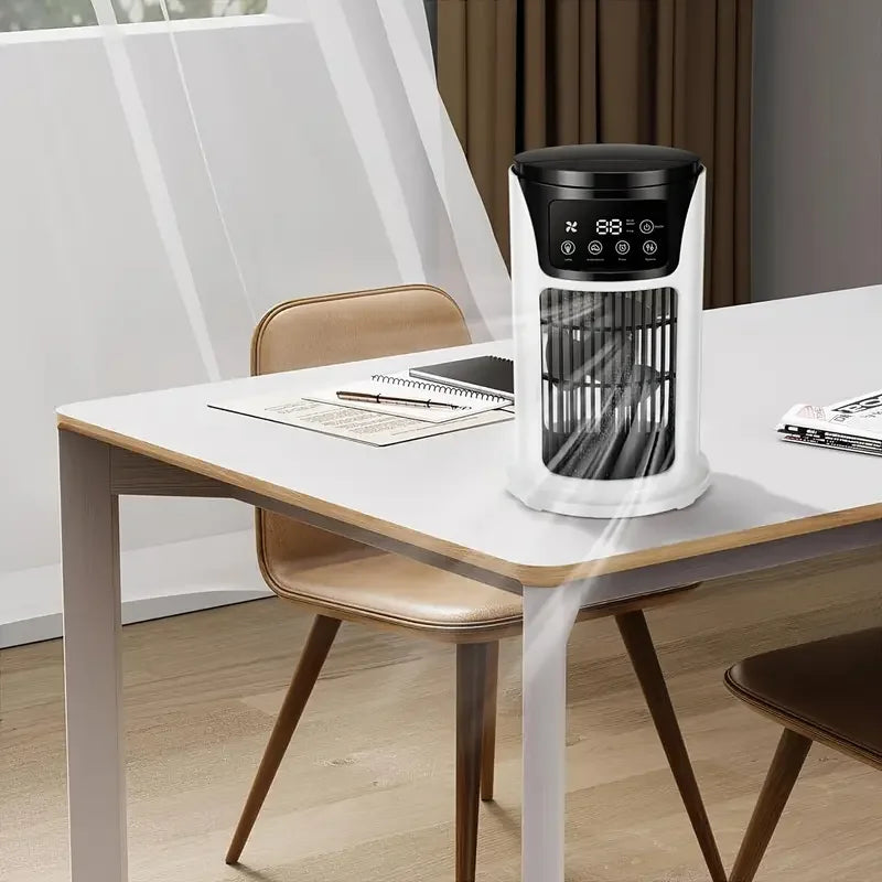 3-in-1 Portable AC, Humidifier & Fan with USB Cooling, Ice Crystal Tech, Digital Display, Compact & White Design