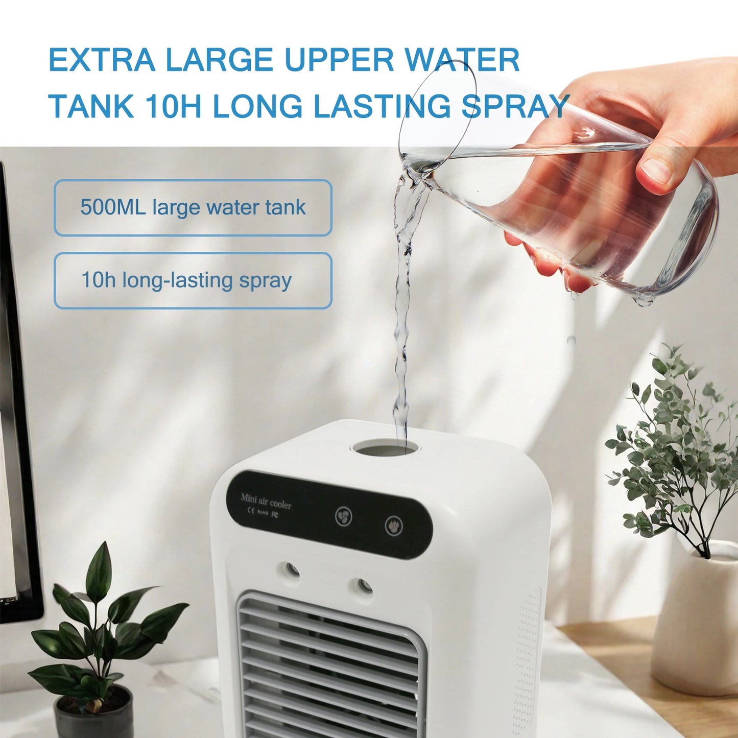 Portable USB Mini Air Conditioner Fan with 2 Speeds, Touch Control & Mist Spray for Office & Dorm, Fast 3-Second Cooling