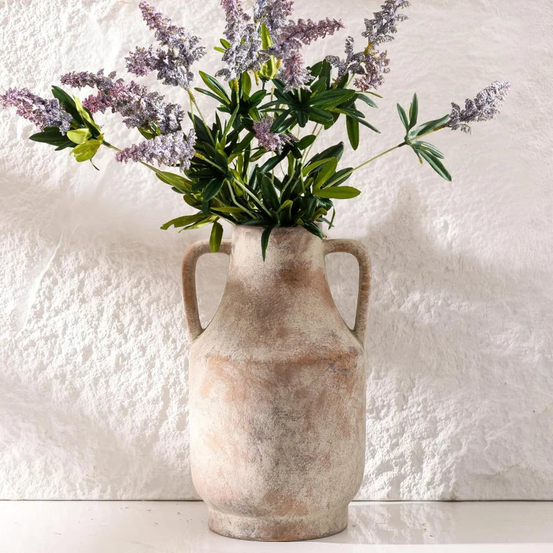 11 Inch Large Ceramic Terracotta Vase with Handles Farmhouse Rustic Style for Home Living Room Table Centerpiece Decor