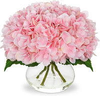 Silk Hydrangea Artificial Flowers in Glass Vase with Faux Water - Home Bathroom Office Table & Shelf Centerpiece Decorations