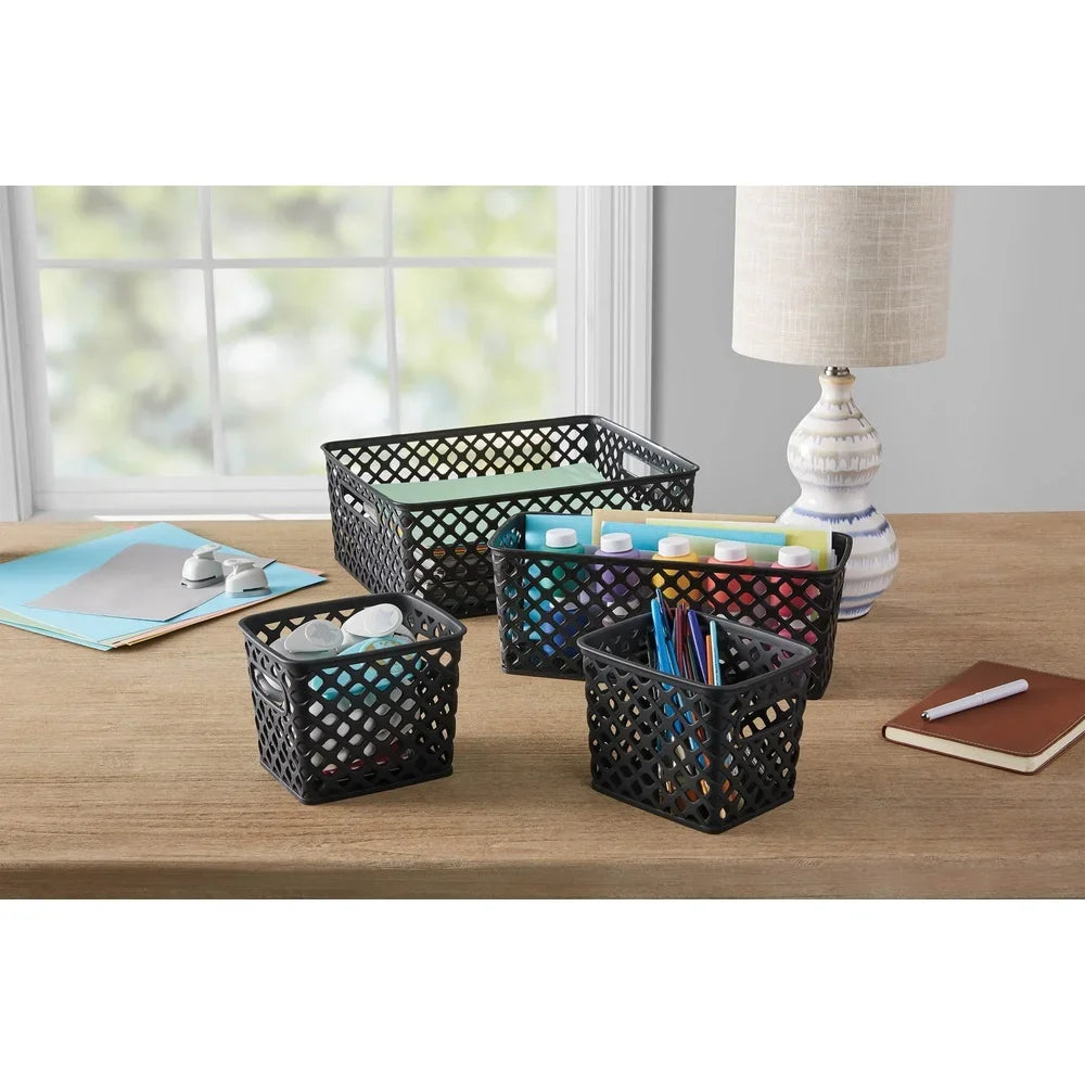 4 Piece Black Decorative Storage Basket Set Durable Plastic Organization Bins with Cut-Out Handles Versatile Home Storage