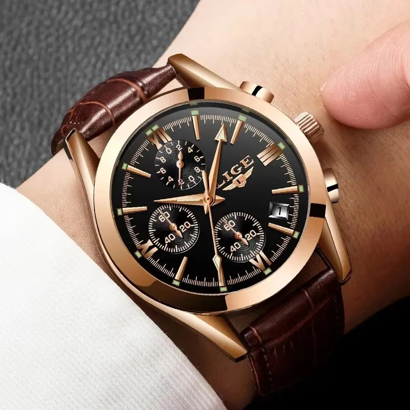 LIGE Fashion Mens Watches Top Brand Luxury Military Quartz Watch Premium Leather Waterproof Sport Chronograph Watch for Man+Box