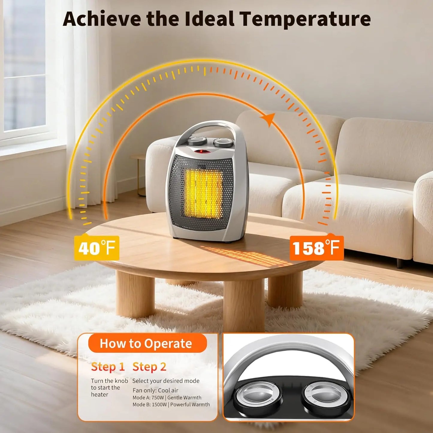 Portable Ceramic Heater & Fan 1500W/750W Thermostat Safe Quiet Heating&Cooling for Rooms up to 200Sq Ft for Office Desk Bedroom