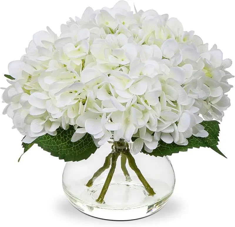 Silk Hydrangea Artificial Flowers in Glass Vase with Faux Water - Home Bathroom Office Table & Shelf Centerpiece Decorations