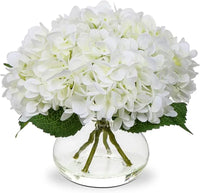 Silk Hydrangea Artificial Flowers in Glass Vase with Faux Water - Home Bathroom Office Table & Shelf Centerpiece Decorations