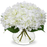 Silk Hydrangea Artificial Flowers in Glass Vase with Faux Water - Home Bathroom Office Table & Shelf Centerpiece Decorations