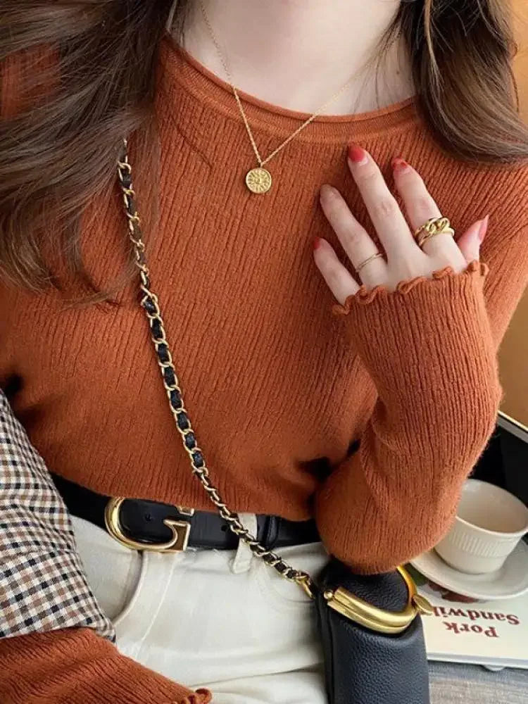 2025 Women Pullovers Knit Soft Sweaters Ruched Autumn Winter Tops O-Neck Ribbed Long Sleeve Korean Slim Female Sweater