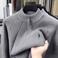 Luxury High-end Embroidery Half Zip Men's High Neck Sweater Fried Dough Twists Pattern Wool Knitting Men's Casual Wear