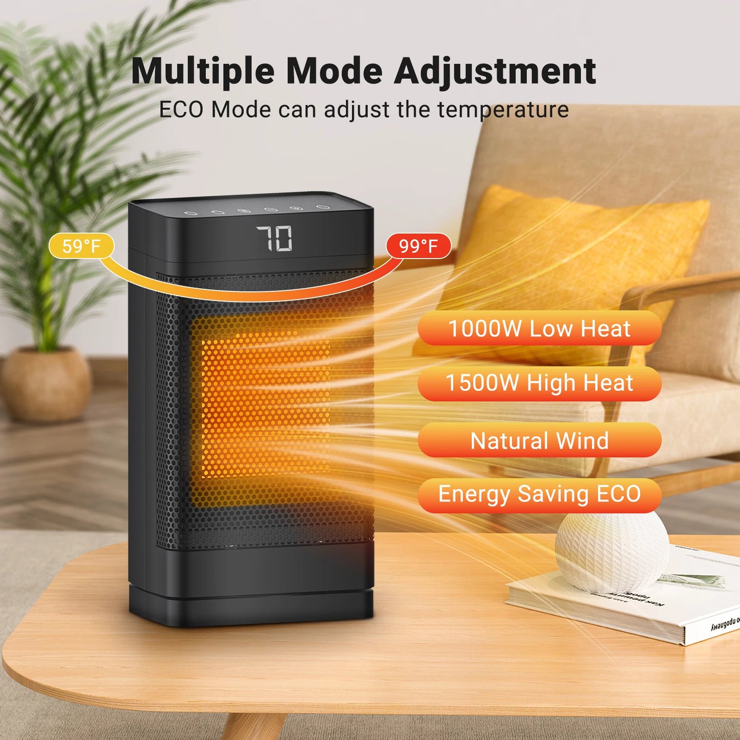 Indoor space heater,0-12 hour timed mode, ceramic fast and safe heating, equipped with ECO thermostat and 70 °swing, memory mode
