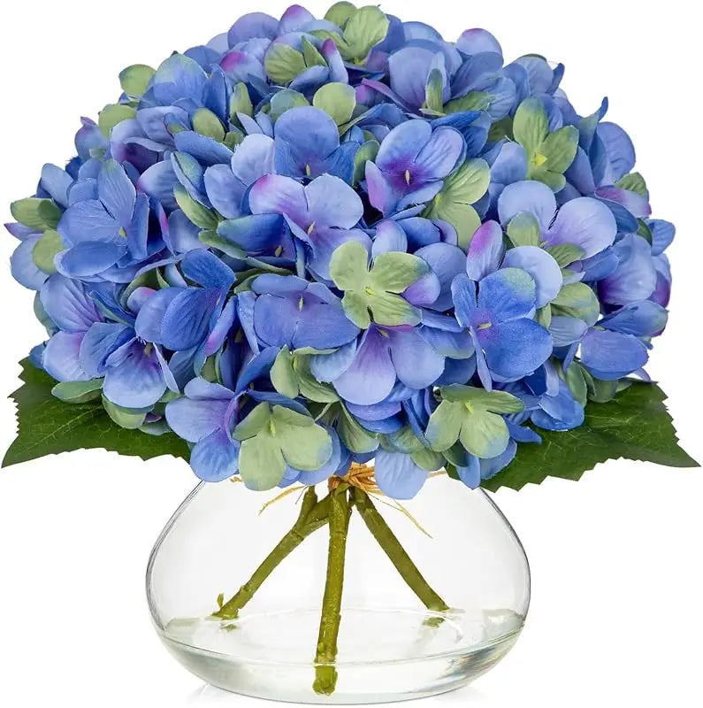 Silk Hydrangea Artificial Flowers in Glass Vase with Faux Water - Home Bathroom Office Table & Shelf Centerpiece Decorations