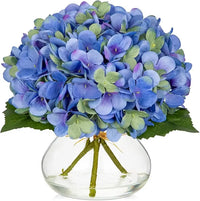 Silk Hydrangea Artificial Flowers in Glass Vase with Faux Water - Home Bathroom Office Table & Shelf Centerpiece Decorations