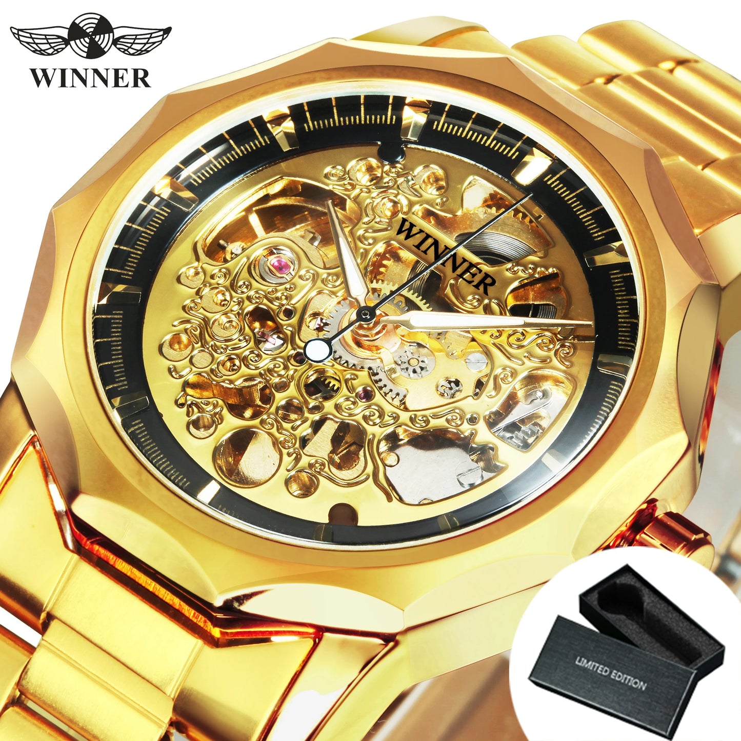 Business Luxury Skeleton Automatic Mechanical Watch for Men Luminous Hands Stainless Steel Strap Fashion Mens Watches WINNER New