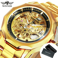 Business Luxury Skeleton Automatic Mechanical Watch for Men Luminous Hands Stainless Steel Strap Fashion Mens Watches WINNER New