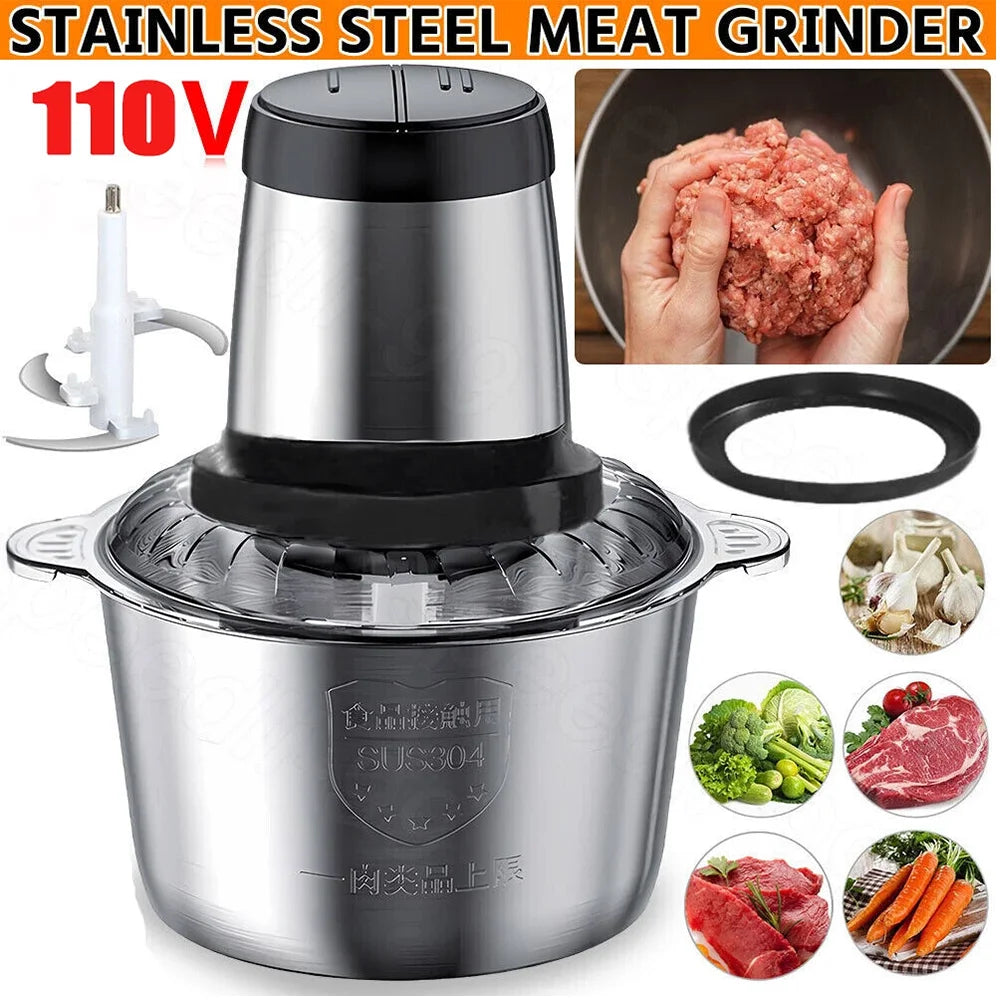 110V Stainless Steel Food Chopper 2L Capacity Fully Automatic Meat Grinder Kitchen Utensils Appliance Adjustable Food Processor